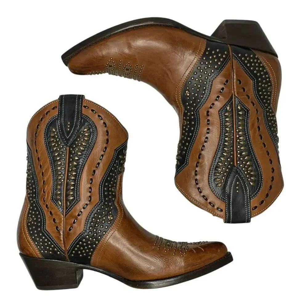 Frye Tulsa Stud Short Boot Size 7 Brown Black Studded Western Cowboy Ankle Boot